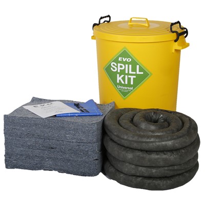 90 Litre Spill Kit with Plastic Drum and EVO Absorbents. EVO Products are suitable for:- Hydraulic Oil Lubricating Oil Engine Oil Solvents Coolant